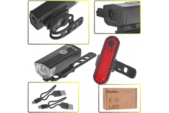 Ūdensizturīgs IP54 USB velosipēda apgaismojums - priekšējais + aizmugurējais komplekts (K02311)