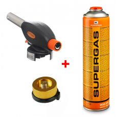 КОМПЛЕКТ: Газовая горелка с пьезоподжигом 1300°C + Переходник 7/16" 31A031 + Газ пропан/бутан KEMPER 330г 102G575 (KD10381+)