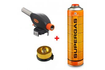 КОМПЛЕКТ: Газовая горелка с пьезоподжигом 1300°C + Переходник 7/16" 31A031 + Газ пропан/бутан KEMPER 330г 102G575 (KD10381+)