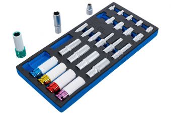 Tool Tray 1/3: Sockets | Hexagon, deep 11 - 22 mm | E-Type E10 - E22 | 6.3 mm (1/4"), 10 mm (3/8"), 12.5 mm (1/2") | 26 pcs. (4147)