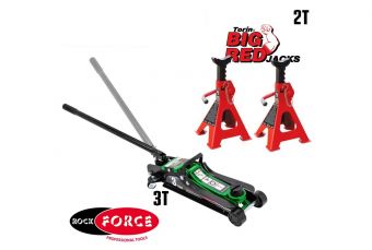 Komplekts: domkrats 3T ar grozāmu rokturi + balsti 2T, 2 gab. LIELS SARKANS (T825010+)
